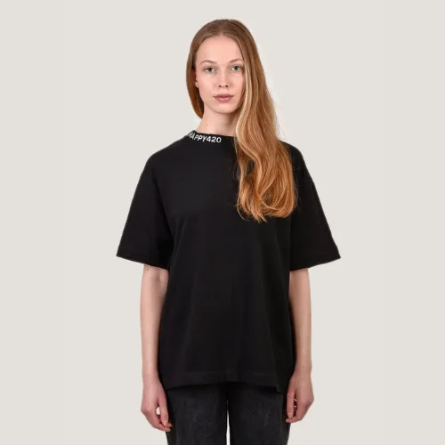Oversize T - Kragen mit Stick Schwarz
